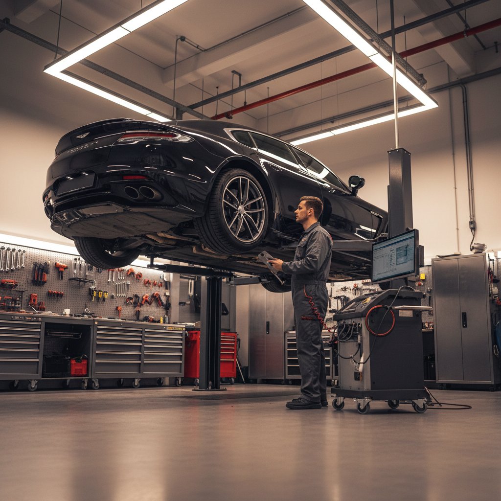 Professional car repair workshop with modern diagnostic equipment